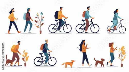 People citizens going riding bicycles walking with