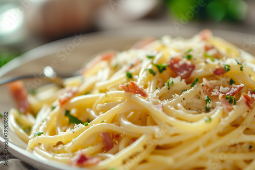 Traditional Italian Spaghetti Carbonara, Creamy Sauce with Crispy Pancetta