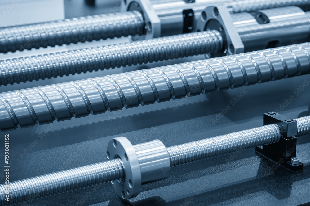 Closeup scene the spare parts lead ball screw set in the light blue scene. Closeup scene the spare parts lead ball screw set in the light blue scene.