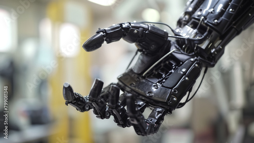 A close-up view of a sophisticated robotic arm, showcasing the latest advancements in robotic engineering and artificial intelligence. 