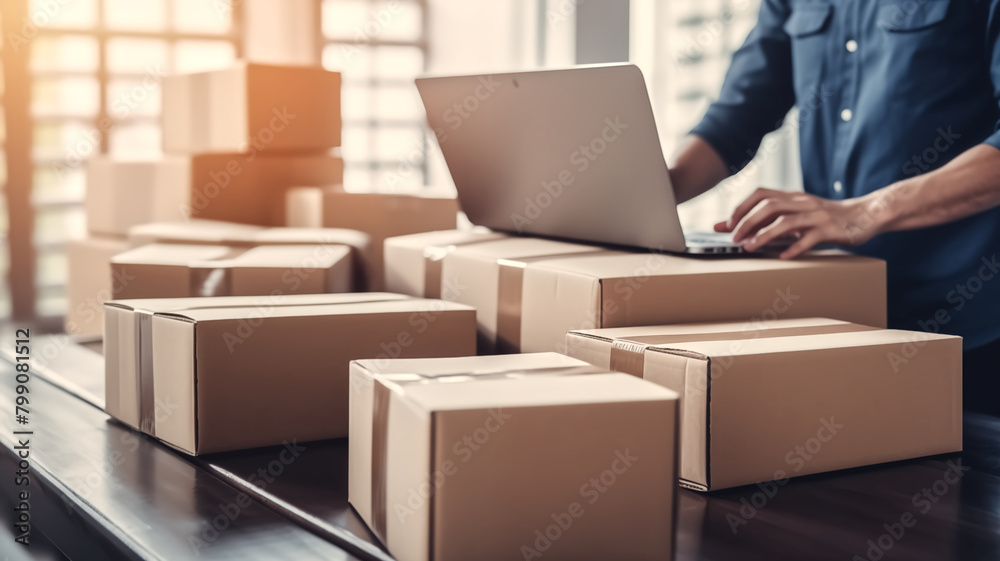 An entrepreneur organizes parcels on a desk while using a laptop, illustrating modern e-commerce and online business operations.
An entrepreneur organizes parcels on a desk while using a laptop, illustrating modern e-commerce and online business operations.