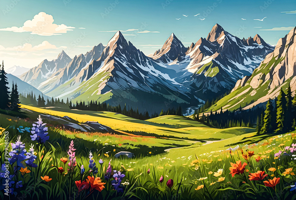 A majestic mountain range with jagged peaks, deep valleys, and alpine meadows carpeted with wildflowers vector art illustration image.
