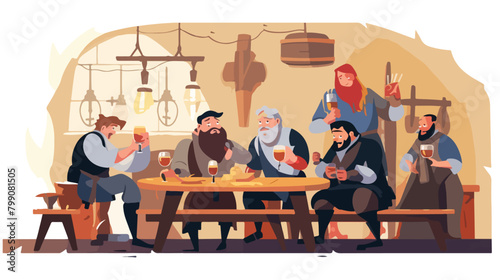People drinking alcohol in medieval tavern. Drunk m