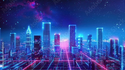 3d render Landscape modern blue neon light city background. Generated AI image