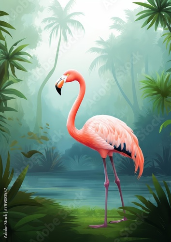 A tall  pink flamingo stands in a lush green jungle