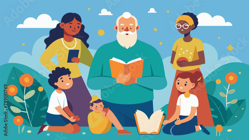 An elder tells stories of their ancestors resilience and strength emphasizing their contributions to society and inspiring future generations.. Vector illustration