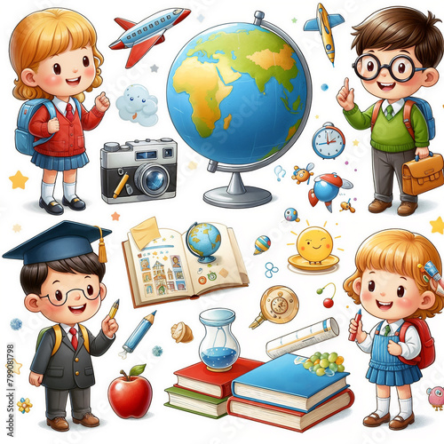 Vector drawing of student children, school supplies and toys on white background. AI generated.