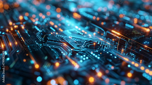 Macro view of an intricate electronic circuit board with glowing blue and orange lights, representing high-tech digital technology. 