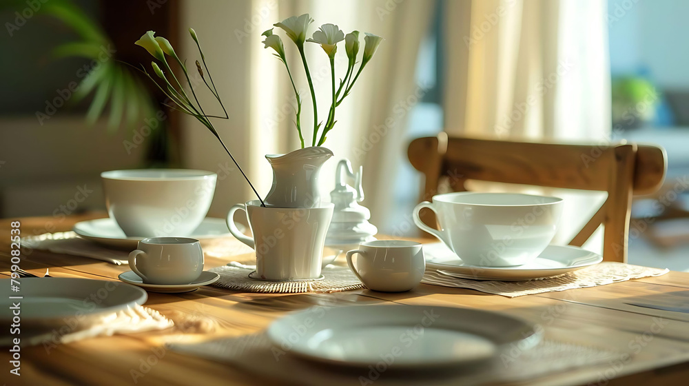 elegant dining room with solid wood table adorned with white plates, cups, and saucers, accompanied elegant dining room with solid wood table adorned with white plates, cups, and saucers, accompanied