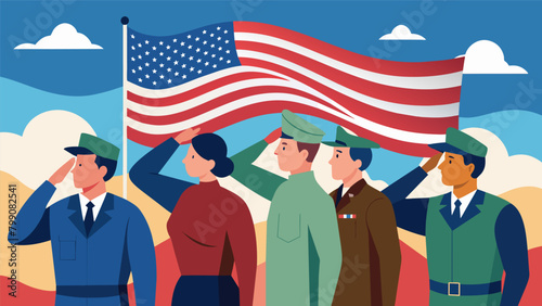 The sight of these veterans saluting the flag is a reminder of the sacrifices and selflessness of those who have served and protected our nation.. Vector illustration photo