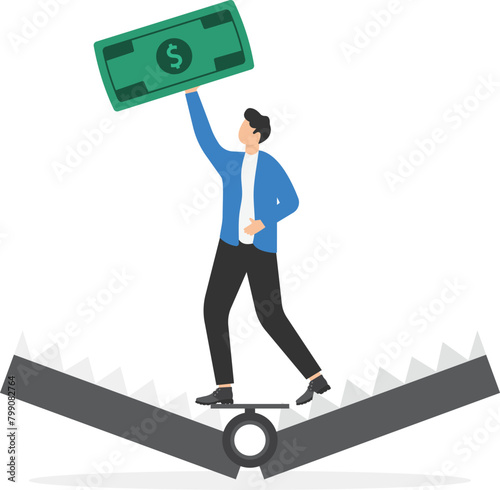 Business risks and fears concept, businessman standing being caught in mouse trap and holding dollar coin

