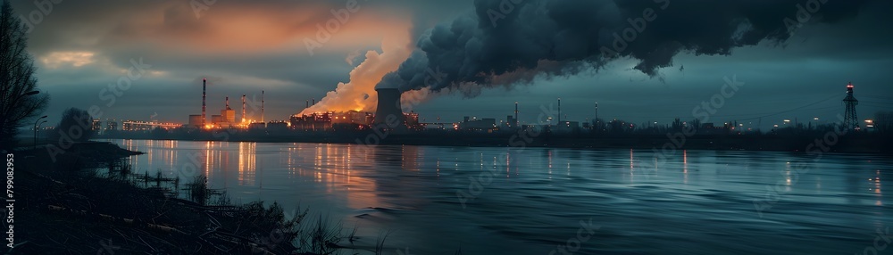 Dusk Shrouds Nuclear Plant s Smoky Chimneys Reflected on Riverside Landscape