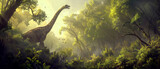 a colossal brachiosaurus towering above the canopy of a dense forest, its long neck reaching for the highest branches as it grazes peacefully, surrounded by a chorus of chirping birds