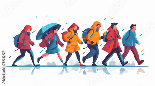 People in heavy rain with flood walking in puddle.