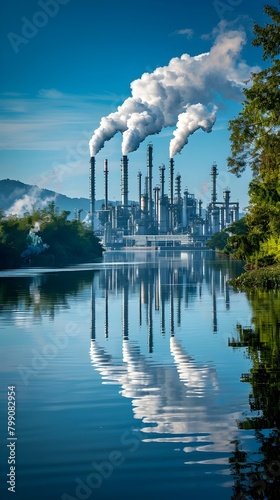 Billowing Smoke from Industrial Oil Refinery Polluting Scenic Riverbank Landscape with Clear Blue Sky Reflection