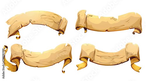 Parchment scroll and long ribbon with empty space for text. Magic game ui icons and assets of papyrus roll and sheet. Cartoon vector illustration set of blank ancient paper. Medieval frame and banner