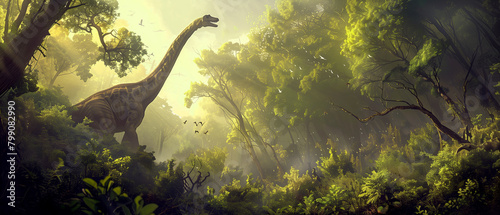 a colossal brachiosaurus towering above the canopy of a dense forest, its long neck reaching for the highest branches as it grazes peacefully, surrounded by a chorus of chirping birds photo
