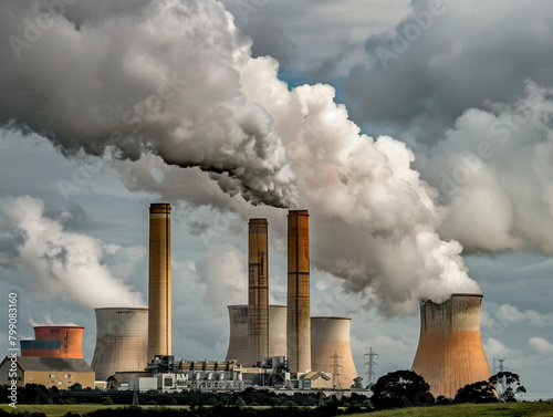 A power plant with large chimneys and smoke rising from them, symbolizing the use of coal for energy production. 