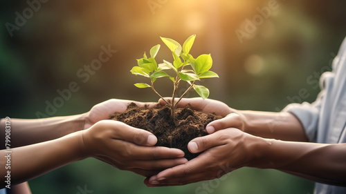 Adult and child hands nurturing a sapling, symbolizing growth and environmental care. 