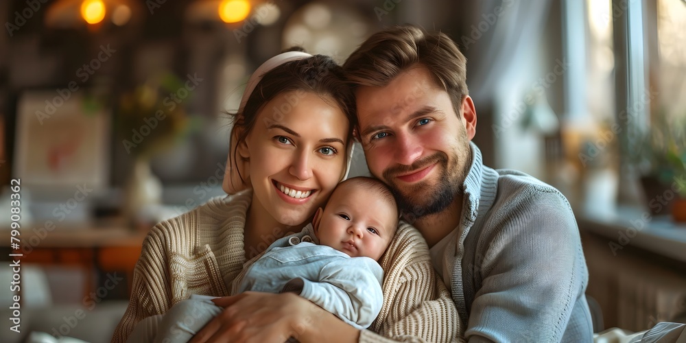 Obraz premium New Parents Bonding with Newborn Baby in Cozy Home Setting
