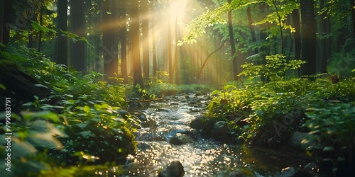 Serene Forest Stream with Sunbeams Illuminating Lush Greenery in Idyllic Wilderness Landscape