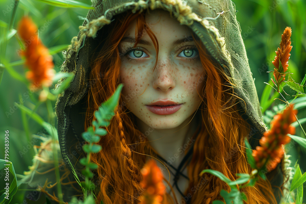 Fototapeta premium red-haired woman in druid green tunic