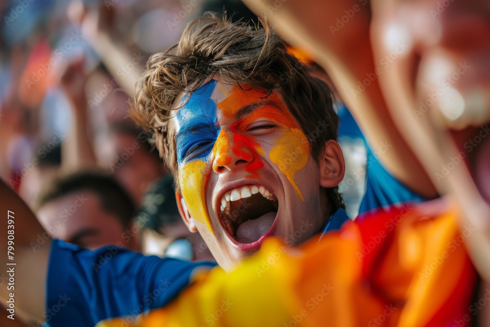 Ecstatic young fan with painted face cheering at soccer match