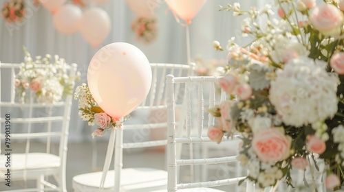 Many white chairs adorned with pink balloons and flowers photo
