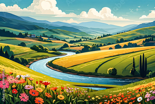 A picturesque countryside scene with rolling hills, fields of flowers, and a winding river vector art illustration image.
