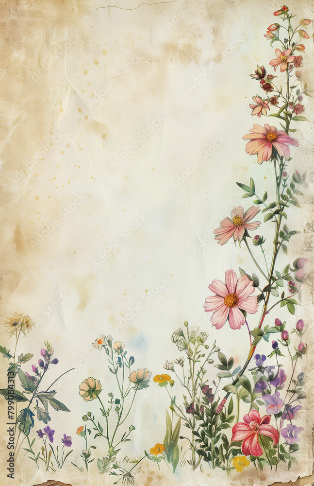 Vintage floral illustration on an aged paper background.