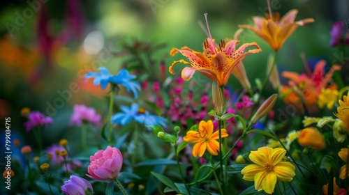 Colorful flowers bloom among lush green garden