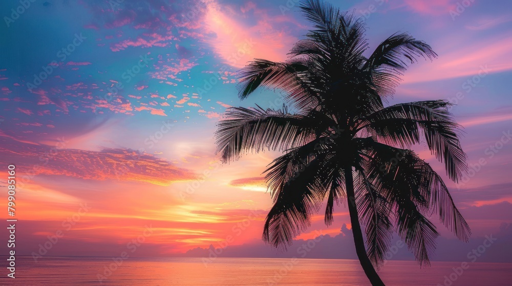Beautiful silhouette of tropical beach with palm tree with sunset sky background. Generated AI