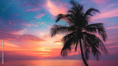 Beautiful silhouette of tropical beach with palm tree with sunset sky background. Generated AI © is