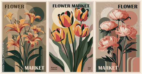 Set of abstract Flower Market posters. Trendy botanical wall arts with floral design in earth tone colors. Modern naive groovy funky interior decorations, paintings. Vector art illustration.