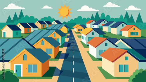 A suburban neighborhood with each house equipped with solar panel shingles blending seamlessly into the rooftops.