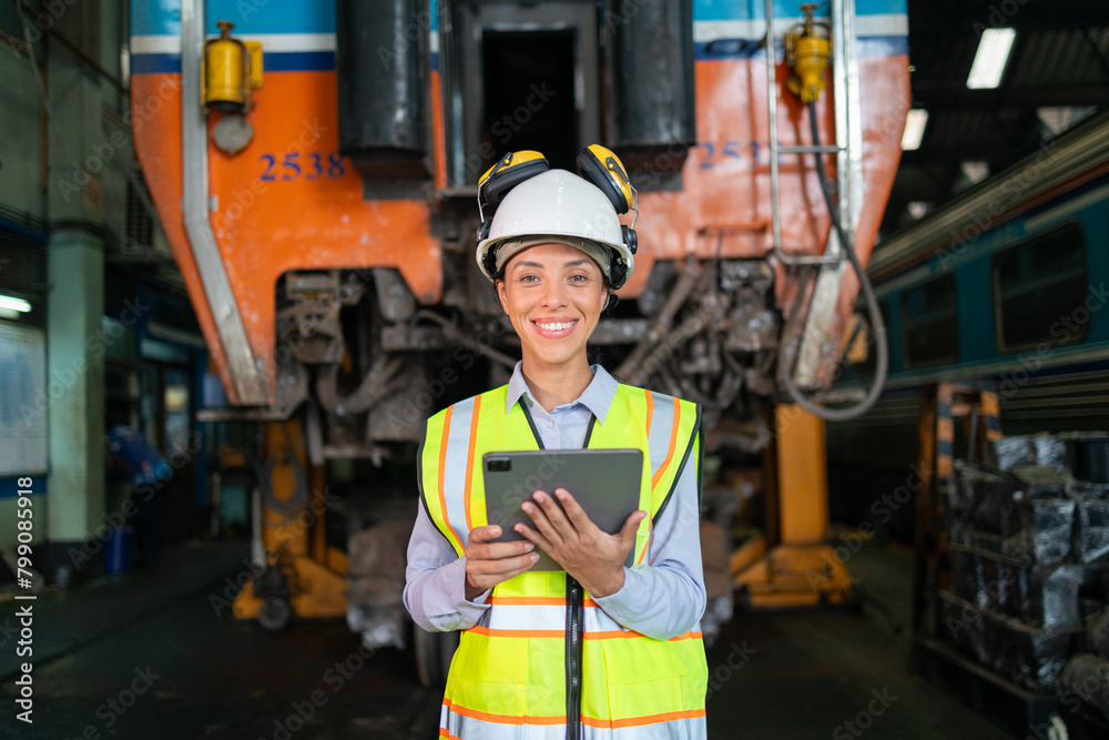 Female Industrial Engineer with Tablet in Train Yard Female Industrial Engineer with Tablet in Train Yard