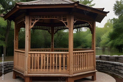 A gazebo with a wooden bench and large windows overlooking a lush green forest.