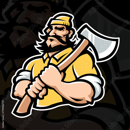 woodcutter man esport gaming mascot logo Sawmill, joinery, carpentry logo or label. Lumberjack holds crossed axes in hands. Cartoon vector illustration