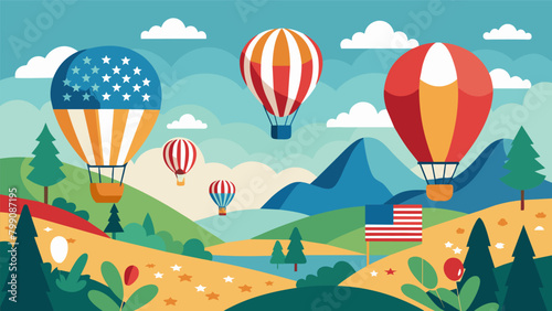 A peaceful countryside scene with hot air balloons dotting the sky and patches of wildflowers each flying an American flag to pay tribute to the. Vector illustration photo