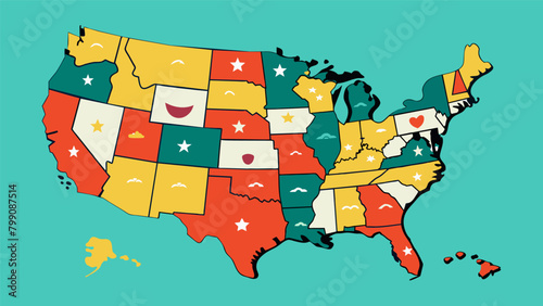 Amidst the laughter and chatter a solo artist carefully carved a detailed map of the United States each state highlighted with a unique design.. Vector illustration