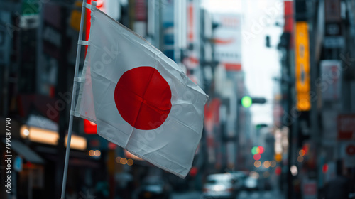 The flag of Japan, known as the Nisshōki, waves prominently against a backdrop of the busy cityscape, symbolizing cultural identity photo