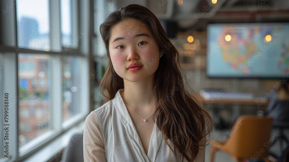 portrait of a chinese or philipinean female architect in her architecture design studio, professional, engineer portrait of a chinese or philipinean female architect in her architecture design studio, professional, engineer