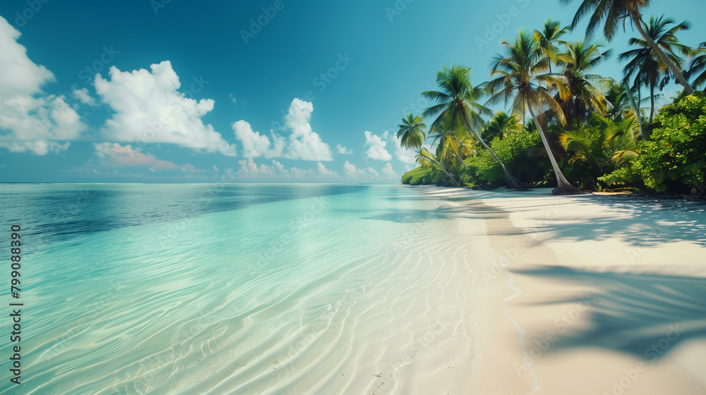 Tropical paradise with palm trees over a serene beach. Generative AI