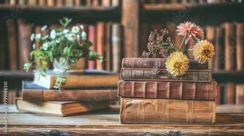 Old books stack in the Library with vintage style. AI generated image photo