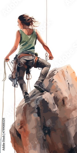 ПечатьGirl tourist with climbing equipment descends with rope along rock in mountains. Watercolor sketch