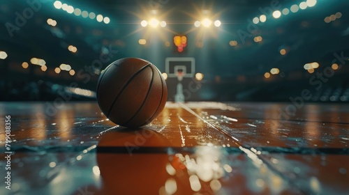 Close up of basketball on arena stadium court floor with spotlights. AI generated