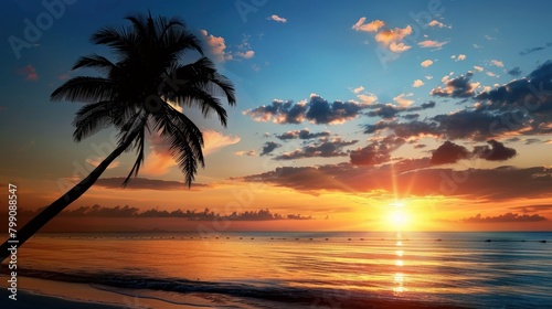 Beautiful silhouette of tropical beach with palm tree with sunset sky background. Generated AI