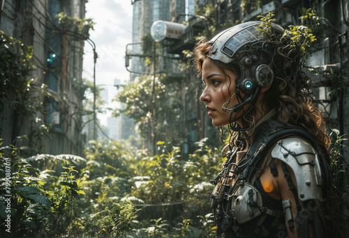 cyborg woman with a futuristic headpiece in ruined city, The blending of human and machine, transhumanism and the intersection of biology and technology.