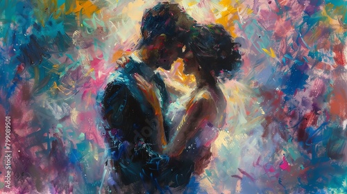 Capture a frontal view of two lovers embracing, using soft brush strokes and vibrant colors to evoke the essence of romance seen in classic Impressionist art photo