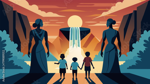In front of a cascading waterfall a sculpture of a Black family walking towards the sun is unveiled embodying the hope and determination of future. Vector illustration